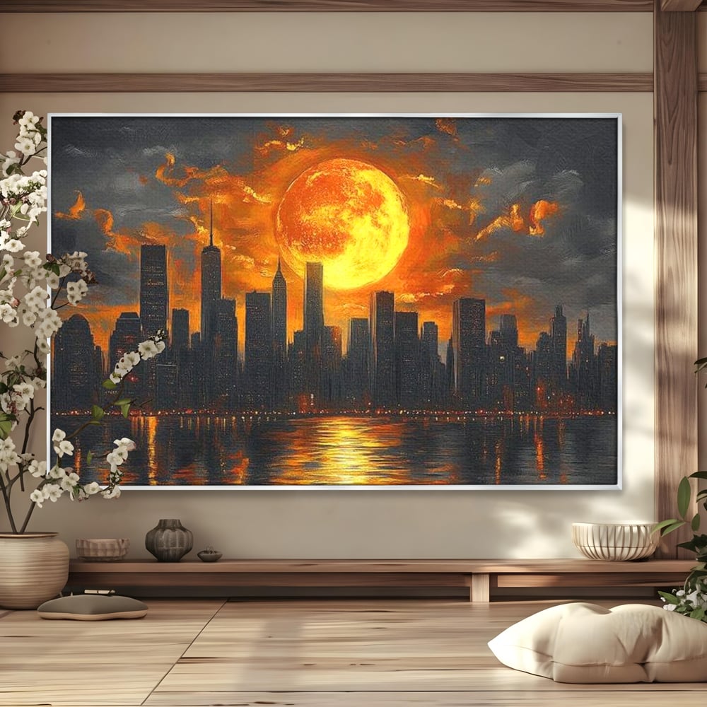 Tablou Canvas Premium, LuxCanva® O1015, Apus Deasupra Metropolei, Apus, Astru, Soare, Flacari, Oras, Cladiri, Zgarie Nori, Cosmic, Apocaliptic, Ancestral, Poveste, Calatorie, Birou, Living, Dormitor
