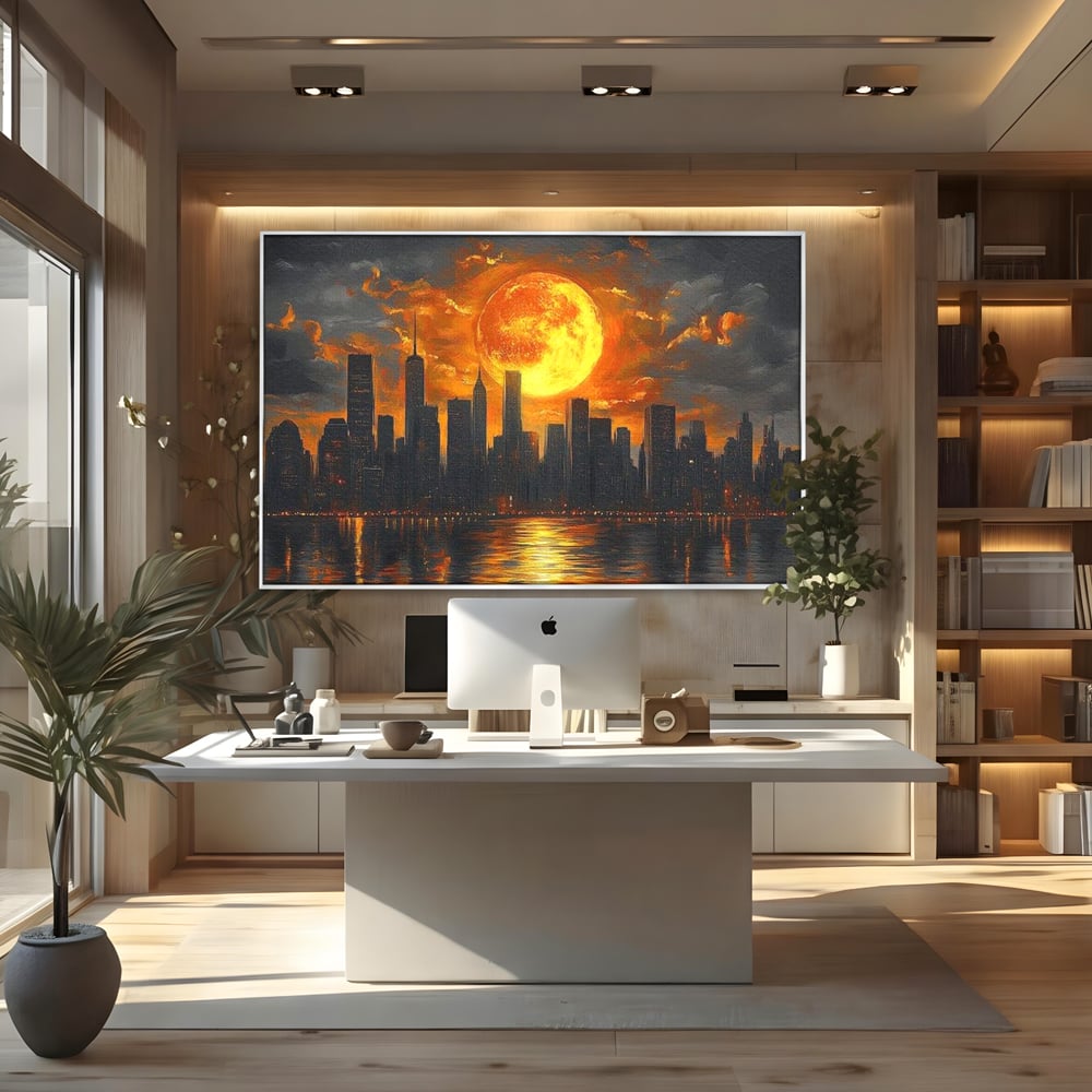 Tablou Canvas Premium, LuxCanva® O1015, Apus Deasupra Metropolei, Apus, Astru, Soare, Flacari, Oras, Cladiri, Zgarie Nori, Cosmic, Apocaliptic, Ancestral, Poveste, Calatorie, Birou, Living, Dormitor