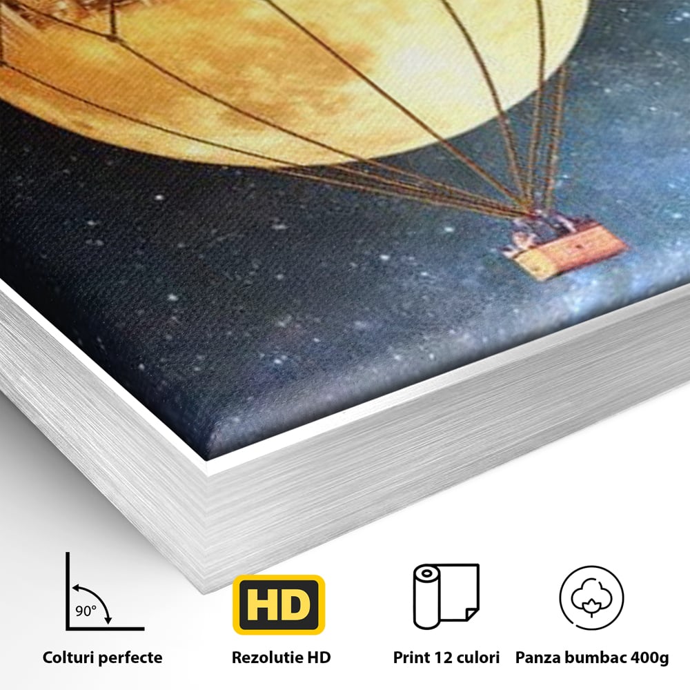 Tablou Canvas Premium, LuxCanva® O1016, Orasul care Zboara, Luna, Balon, Cosmic, Visare, Fantastic, Stele, Cer, Plutire, Suspendat, Univers, Oniric, Imaginar, Calatorie, Case, Birou, Living, Dormitor