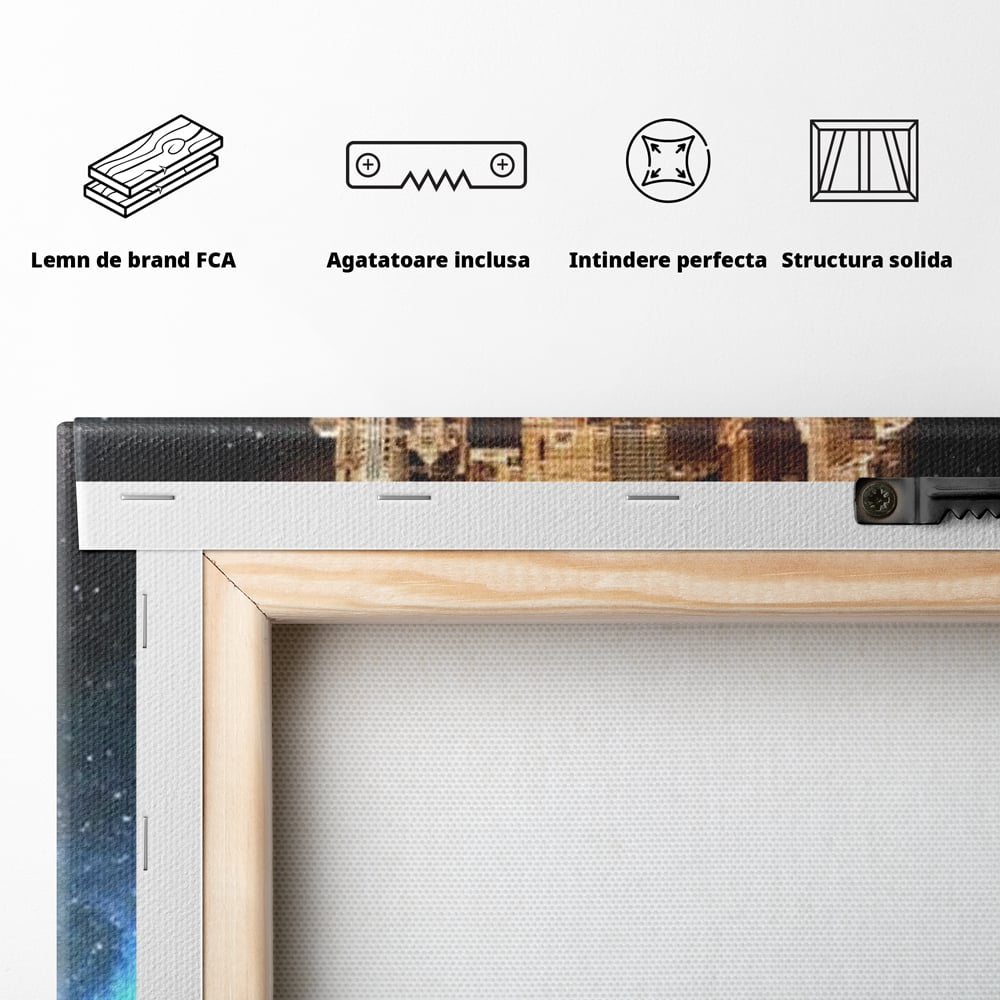Tablou Canvas Premium, LuxCanva® O1016, Orasul care Zboara, Luna, Balon, Cosmic, Visare, Fantastic, Stele, Cer, Plutire, Suspendat, Univers, Oniric, Imaginar, Calatorie, Case, Birou, Living, Dormitor