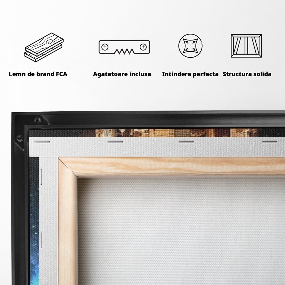 Tablou Canvas Premium, LuxCanva® O1016, Orasul care Zboara, Luna, Balon, Cosmic, Visare, Fantastic, Stele, Cer, Plutire, Suspendat, Univers, Oniric, Imaginar, Calatorie, Case, Birou, Living, Dormitor