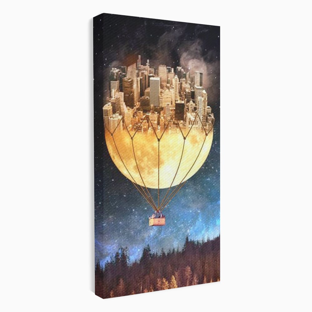 Tablou Canvas Premium, LuxCanva® O1016, Orasul care Zboara, Luna, Balon, Cosmic, Visare, Fantastic, Stele, Cer, Plutire, Suspendat, Univers, Oniric, Imaginar, Calatorie, Case, Birou, Living, Dormitor