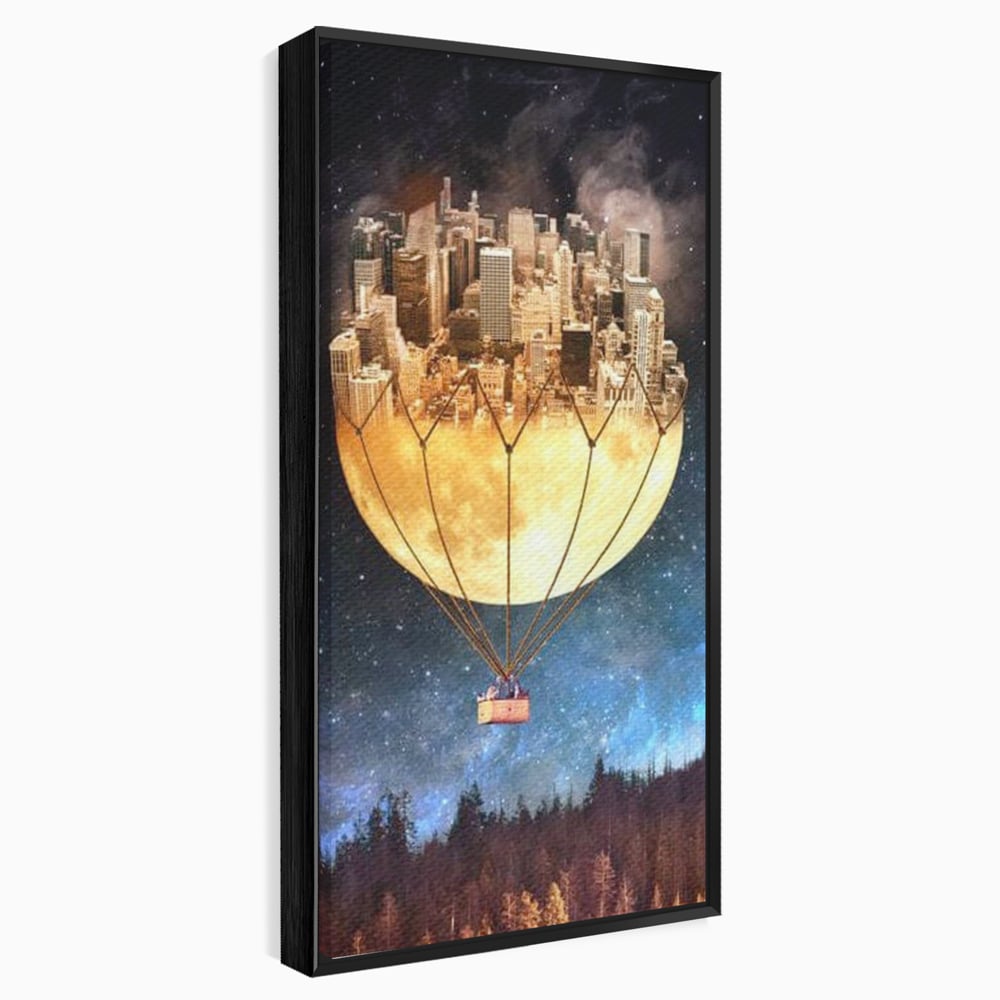 Tablou Canvas Premium, LuxCanva® O1016, Orasul care Zboara, Luna, Balon, Cosmic, Visare, Fantastic, Stele, Cer, Plutire, Suspendat, Univers, Oniric, Imaginar, Calatorie, Case, Birou, Living, Dormitor