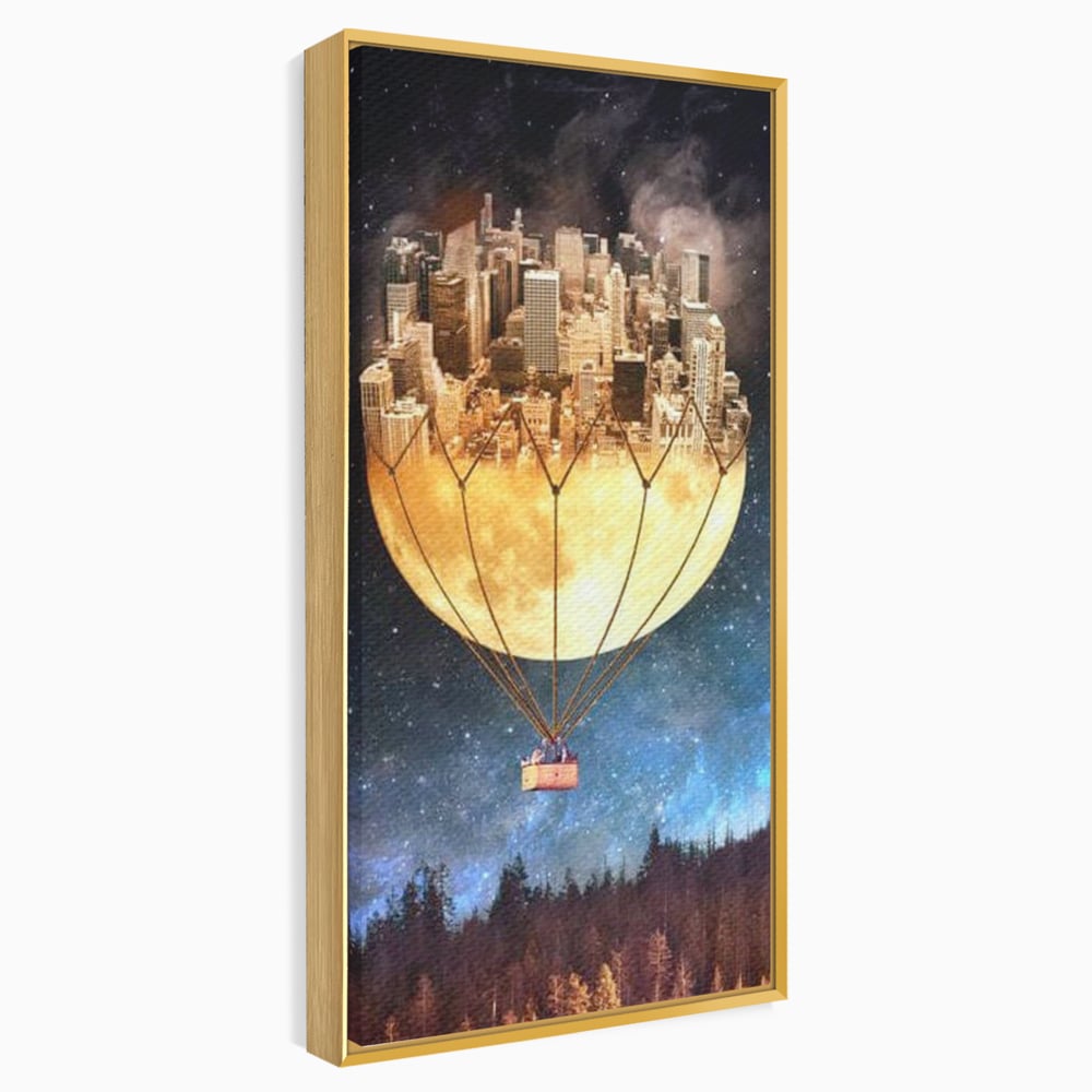 Tablou Canvas Premium, LuxCanva® O1016, Orasul care Zboara, Luna, Balon, Cosmic, Visare, Fantastic, Stele, Cer, Plutire, Suspendat, Univers, Oniric, Imaginar, Calatorie, Case, Birou, Living, Dormitor