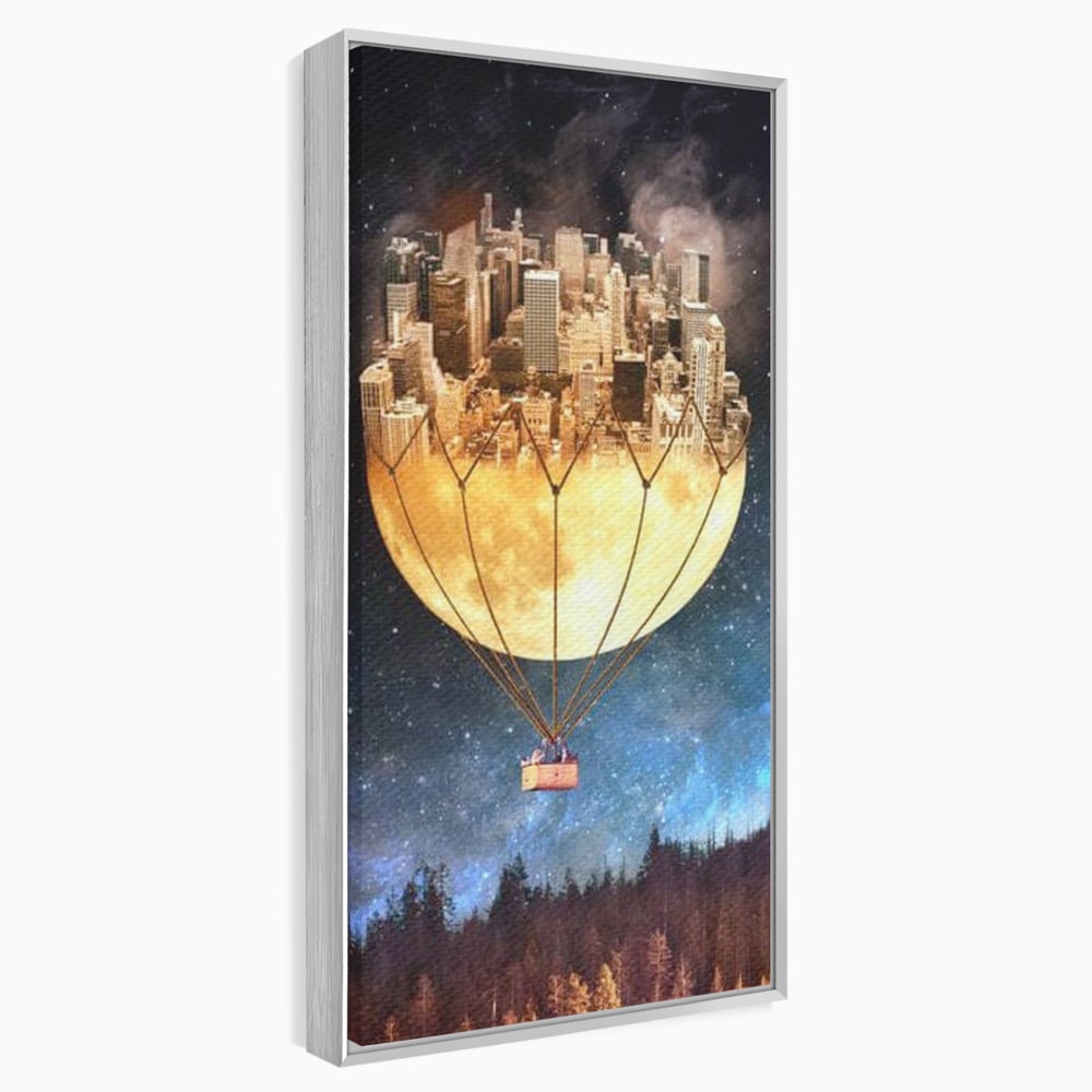 Tablou Canvas Premium, LuxCanva® O1016, Orasul care Zboara, Luna, Balon, Cosmic, Visare, Fantastic, Stele, Cer, Plutire, Suspendat, Univers, Oniric, Imaginar, Calatorie, Case, Birou, Living, Dormitor