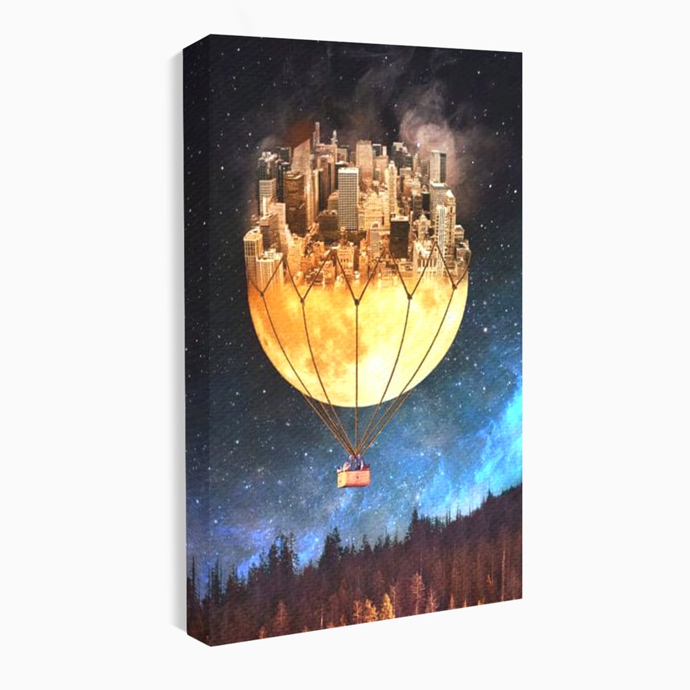 Tablou Canvas Premium, LuxCanva® O1016, Orasul care Zboara, Luna, Balon, Cosmic, Visare, Fantastic, Stele, Cer, Plutire, Suspendat, Univers, Oniric, Imaginar, Calatorie, Case, Birou, Living, Dormitor