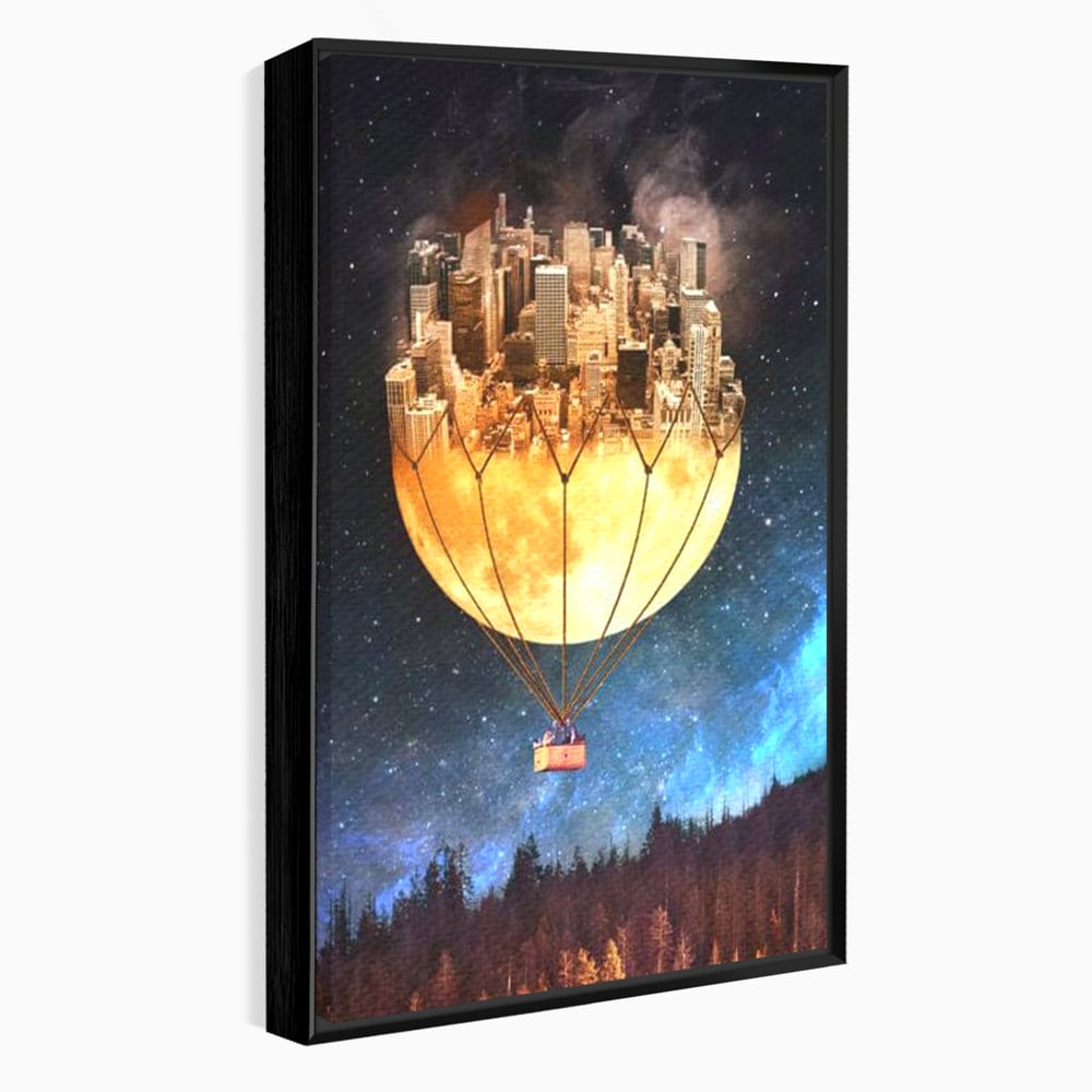 Tablou Canvas Premium, LuxCanva® O1016, Orasul care Zboara, Luna, Balon, Cosmic, Visare, Fantastic, Stele, Cer, Plutire, Suspendat, Univers, Oniric, Imaginar, Calatorie, Case, Birou, Living, Dormitor