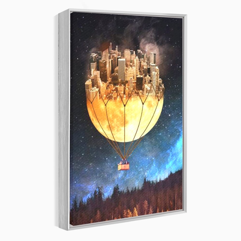 Tablou Canvas Premium, LuxCanva® O1016, Orasul care Zboara, Luna, Balon, Cosmic, Visare, Fantastic, Stele, Cer, Plutire, Suspendat, Univers, Oniric, Imaginar, Calatorie, Case, Birou, Living, Dormitor