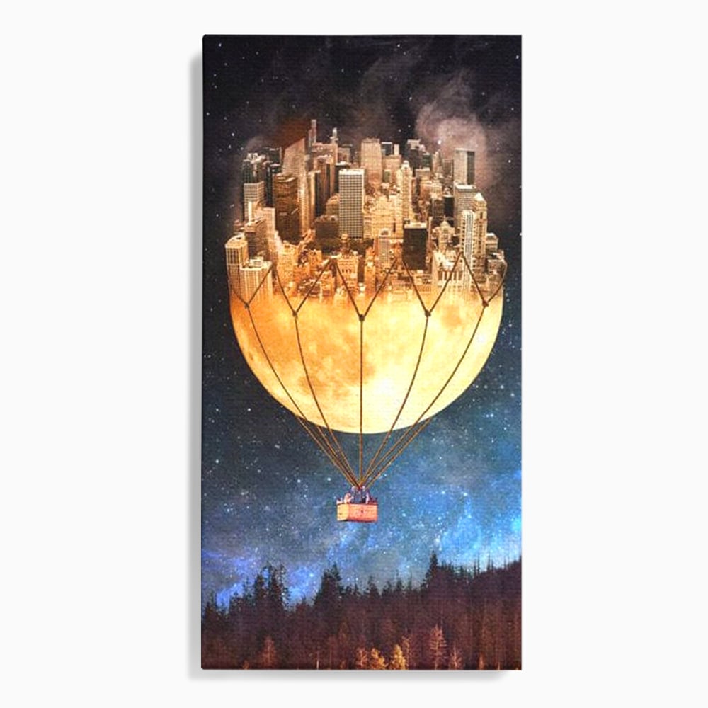 Tablou Canvas Premium, LuxCanva® O1016, Orasul care Zboara, Luna, Balon, Cosmic, Visare, Fantastic, Stele, Cer, Plutire, Suspendat, Univers, Oniric, Imaginar, Calatorie, Case, Birou, Living, Dormitor