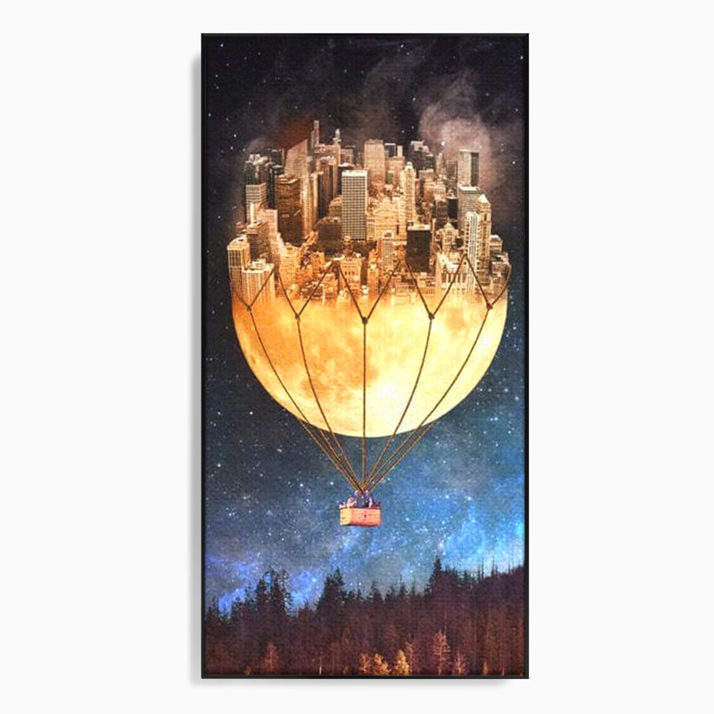 Tablou Canvas Premium, LuxCanva® O1016, Orasul care Zboara, Luna, Balon, Cosmic, Visare, Fantastic, Stele, Cer, Plutire, Suspendat, Univers, Oniric, Imaginar, Calatorie, Case, Birou, Living, Dormitor