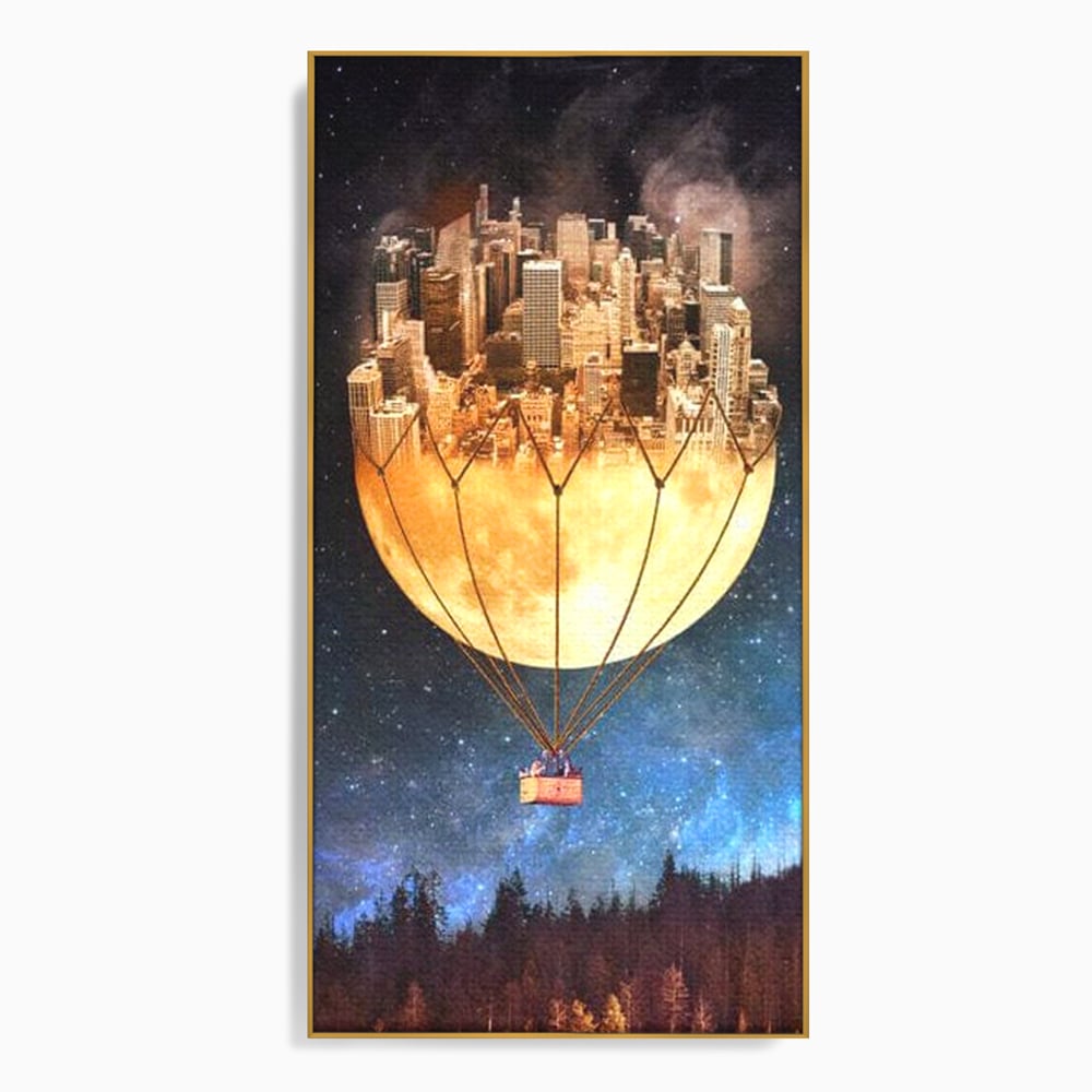 Tablou Canvas Premium, LuxCanva® O1016, Orasul care Zboara, Luna, Balon, Cosmic, Visare, Fantastic, Stele, Cer, Plutire, Suspendat, Univers, Oniric, Imaginar, Calatorie, Case, Birou, Living, Dormitor