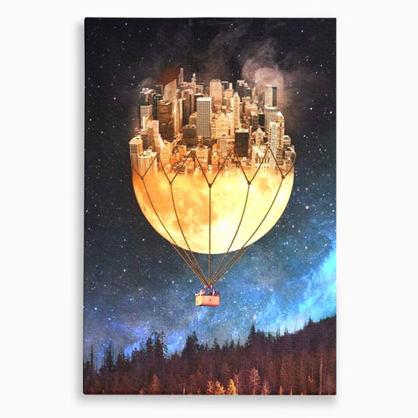 Tablou Canvas Premium, LuxCanva® O1016, Orasul care Zboara, Luna, Balon, Cosmic, Visare, Fantastic, Stele, Cer, Plutire, Suspendat, Univers, Oniric, Imaginar, Calatorie, Case, Birou, Living, Dormitor