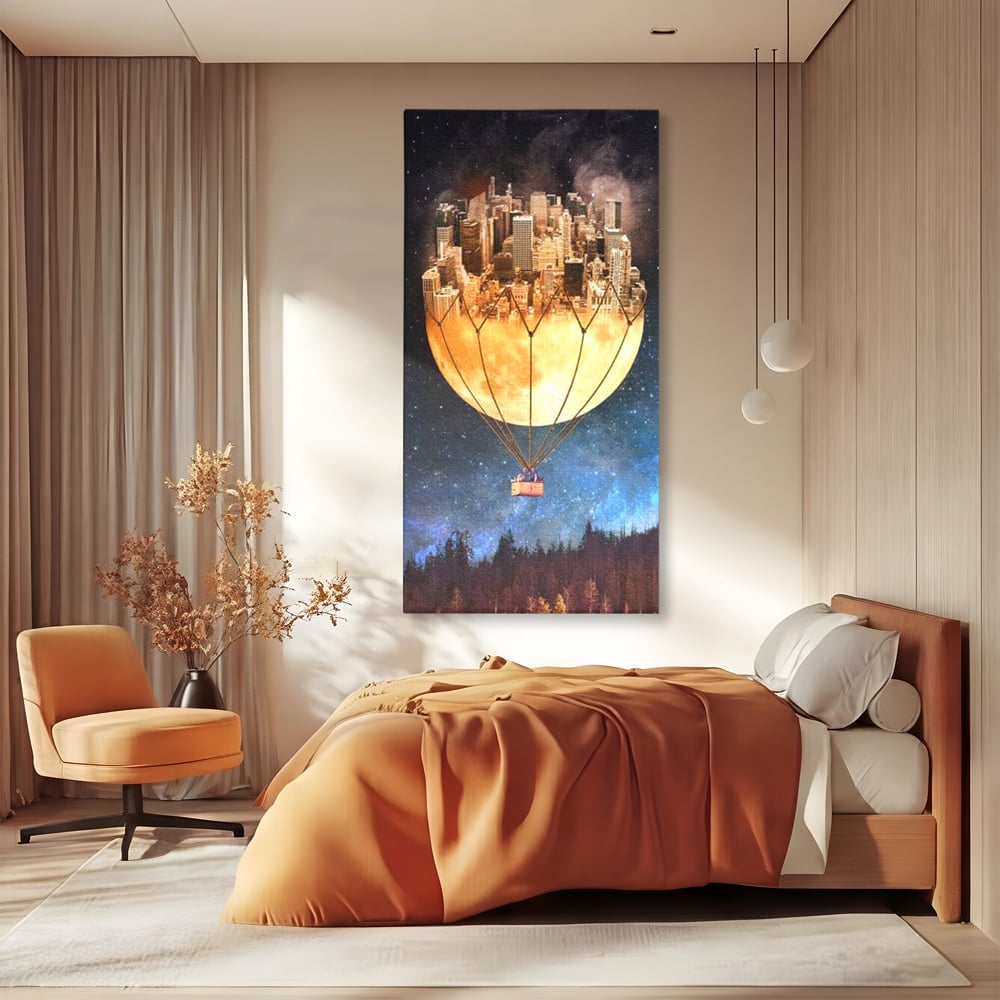 Tablou Canvas Premium, LuxCanva® O1016, Orasul care Zboara, Luna, Balon, Cosmic, Visare, Fantastic, Stele, Cer, Plutire, Suspendat, Univers, Oniric, Imaginar, Calatorie, Case, Birou, Living, Dormitor
