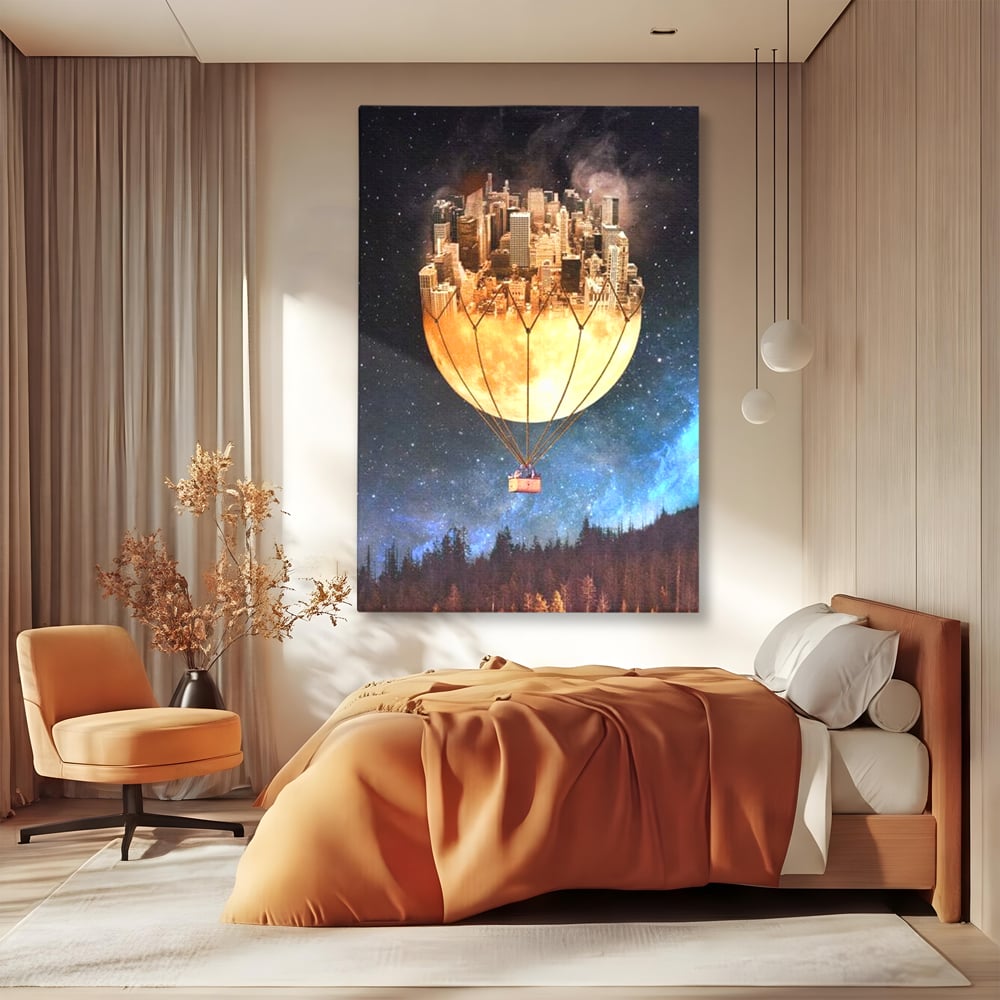 Tablou Canvas Premium, LuxCanva® O1016, Orasul care Zboara, Luna, Balon, Cosmic, Visare, Fantastic, Stele, Cer, Plutire, Suspendat, Univers, Oniric, Imaginar, Calatorie, Case, Birou, Living, Dormitor