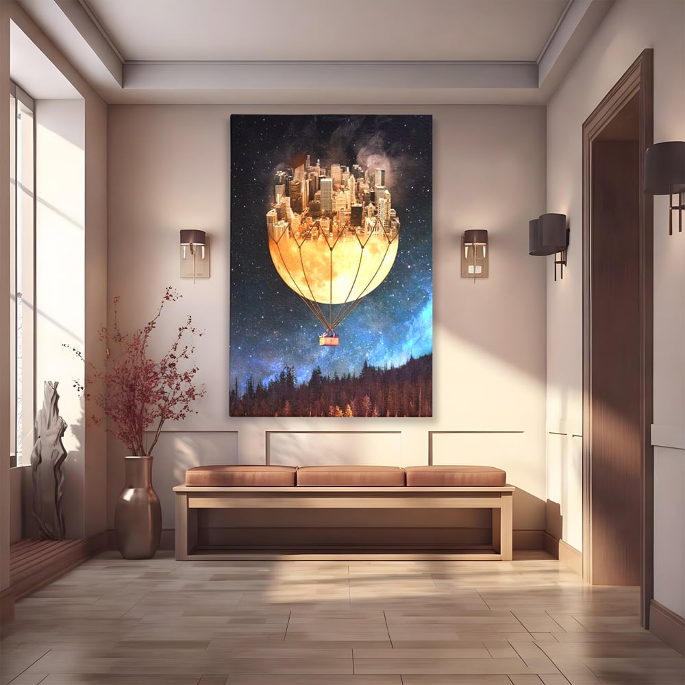 Tablou Canvas Premium, LuxCanva® O1016, Orasul care Zboara, Luna, Balon, Cosmic, Visare, Fantastic, Stele, Cer, Plutire, Suspendat, Univers, Oniric, Imaginar, Calatorie, Case, Birou, Living, Dormitor