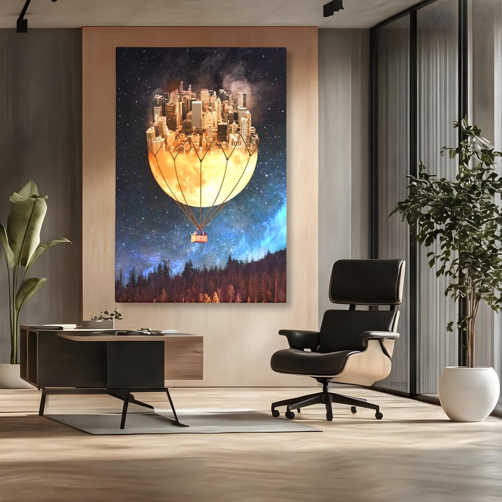 Tablou Canvas Premium, LuxCanva® O1016, Orasul care Zboara, Luna, Balon, Cosmic, Visare, Fantastic, Stele, Cer, Plutire, Suspendat, Univers, Oniric, Imaginar, Calatorie, Case, Birou, Living, Dormitor