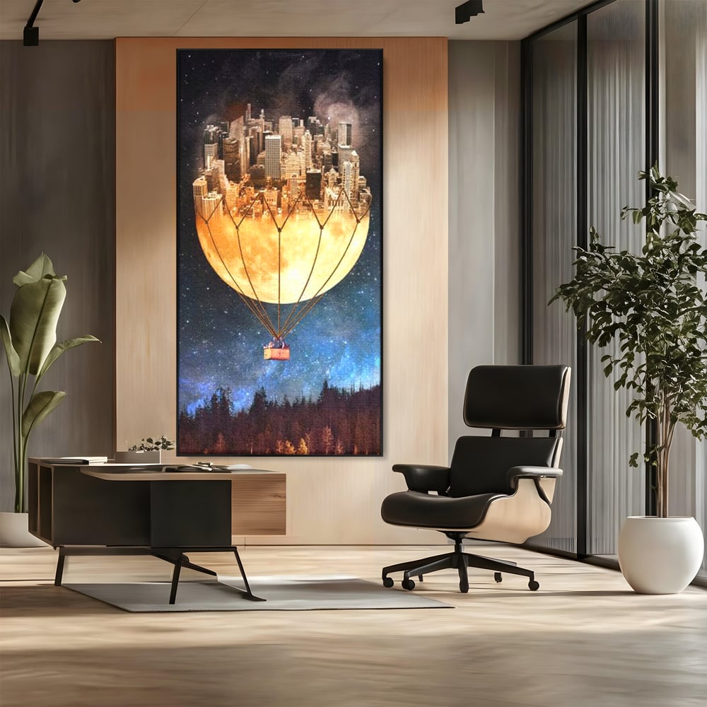 Tablou Canvas Premium, LuxCanva® O1016, Orasul care Zboara, Luna, Balon, Cosmic, Visare, Fantastic, Stele, Cer, Plutire, Suspendat, Univers, Oniric, Imaginar, Calatorie, Case, Birou, Living, Dormitor
