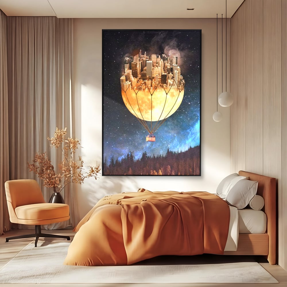 Tablou Canvas Premium, LuxCanva® O1016, Orasul care Zboara, Luna, Balon, Cosmic, Visare, Fantastic, Stele, Cer, Plutire, Suspendat, Univers, Oniric, Imaginar, Calatorie, Case, Birou, Living, Dormitor
