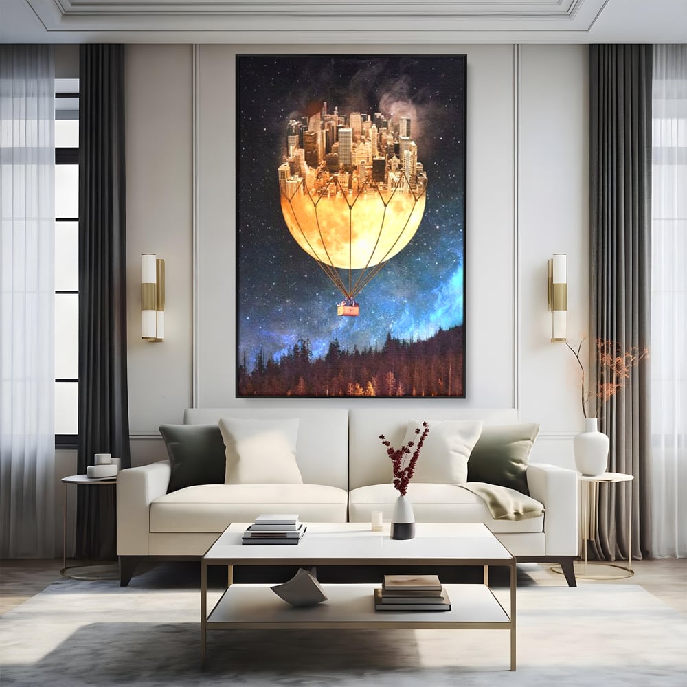 Tablou Canvas Premium, LuxCanva® O1016, Orasul care Zboara, Luna, Balon, Cosmic, Visare, Fantastic, Stele, Cer, Plutire, Suspendat, Univers, Oniric, Imaginar, Calatorie, Case, Birou, Living, Dormitor