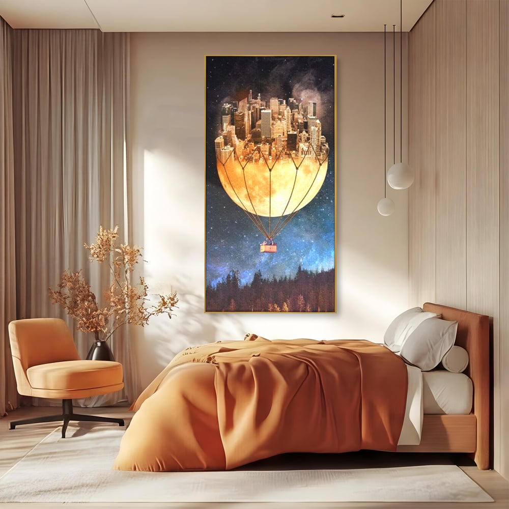 Tablou Canvas Premium, LuxCanva® O1016, Orasul care Zboara, Luna, Balon, Cosmic, Visare, Fantastic, Stele, Cer, Plutire, Suspendat, Univers, Oniric, Imaginar, Calatorie, Case, Birou, Living, Dormitor