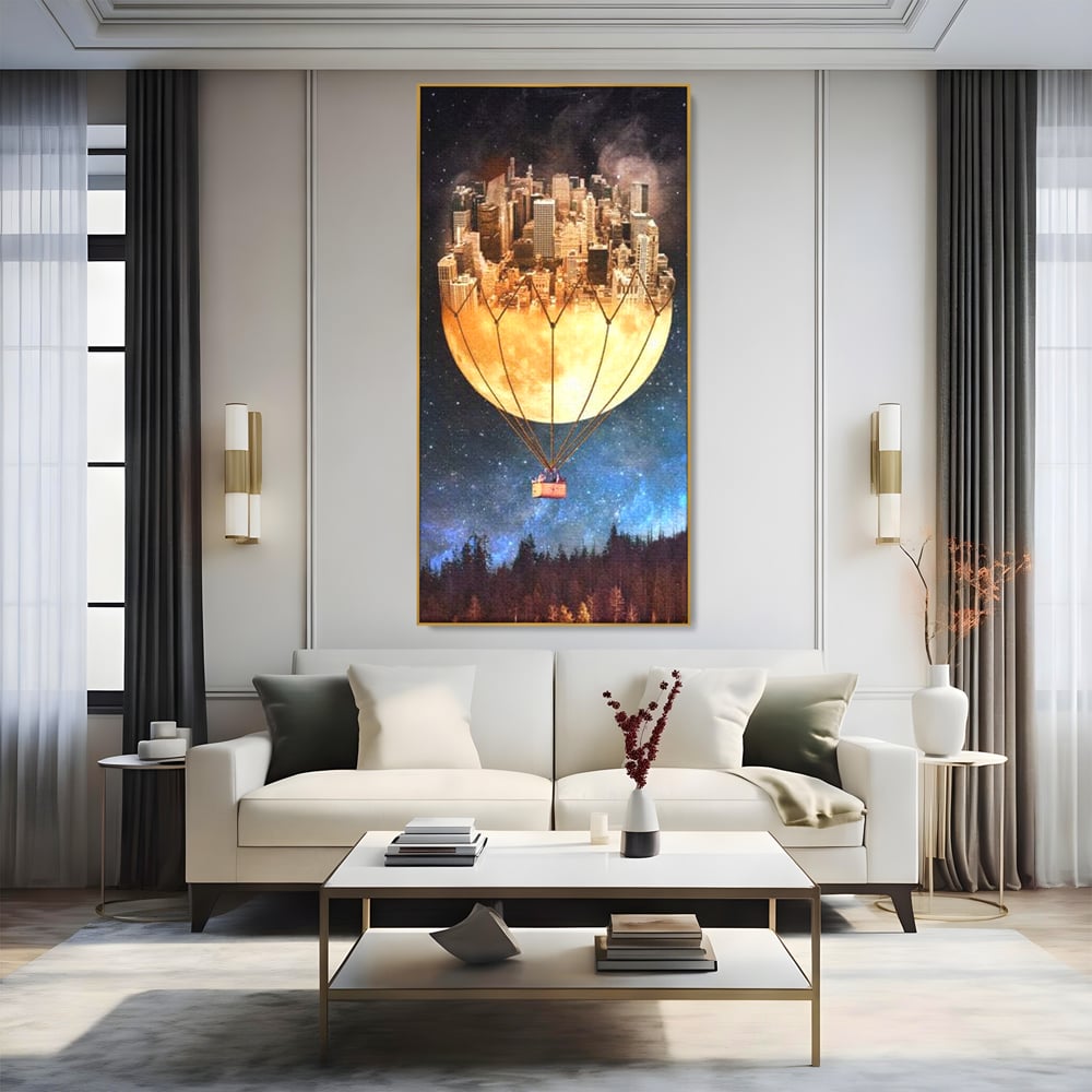 Tablou Canvas Premium, LuxCanva® O1016, Orasul care Zboara, Luna, Balon, Cosmic, Visare, Fantastic, Stele, Cer, Plutire, Suspendat, Univers, Oniric, Imaginar, Calatorie, Case, Birou, Living, Dormitor