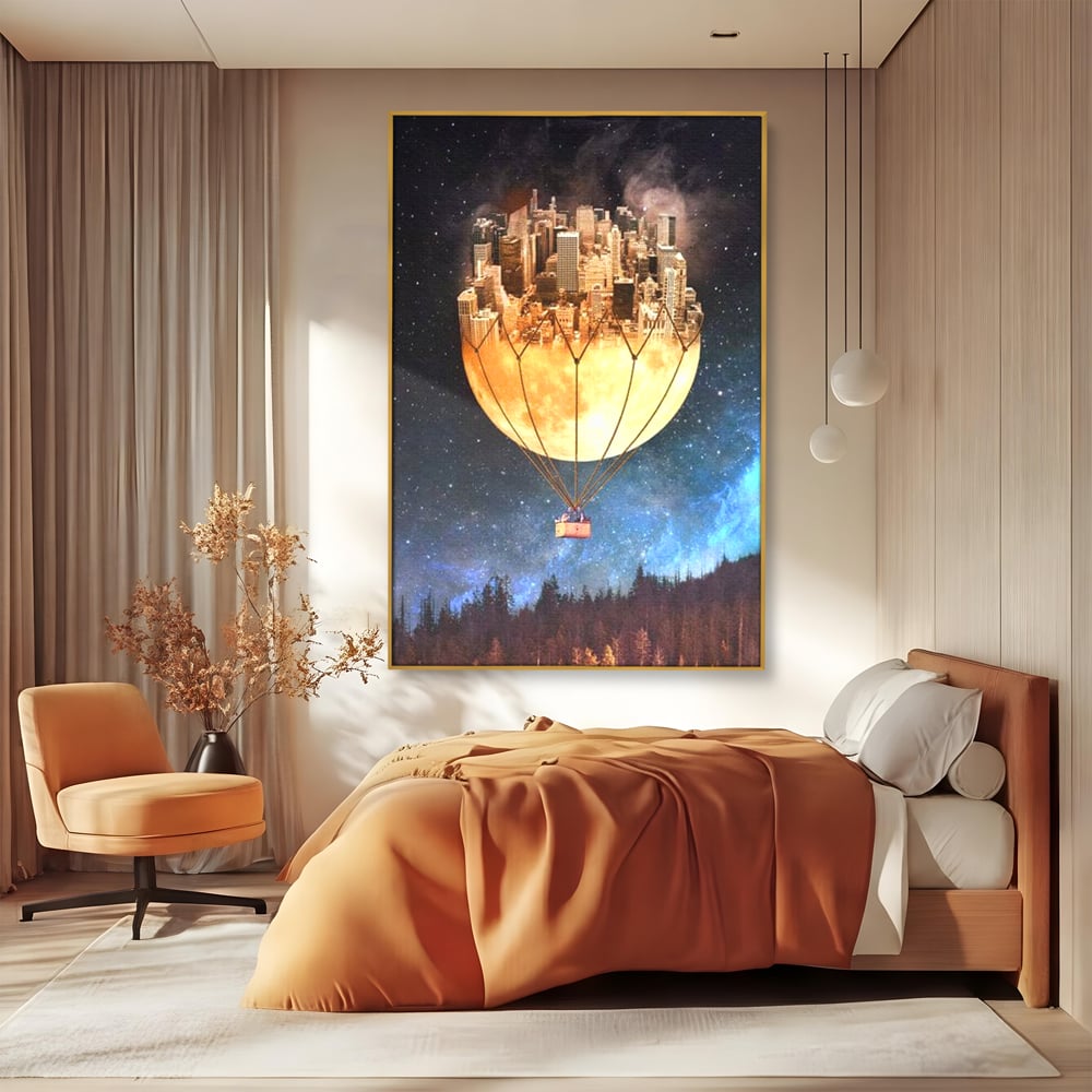 Tablou Canvas Premium, LuxCanva® O1016, Orasul care Zboara, Luna, Balon, Cosmic, Visare, Fantastic, Stele, Cer, Plutire, Suspendat, Univers, Oniric, Imaginar, Calatorie, Case, Birou, Living, Dormitor
