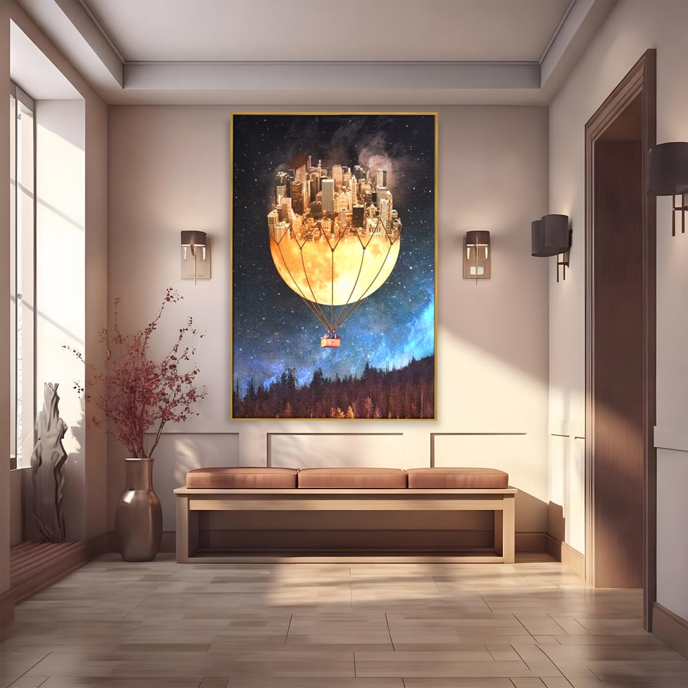 Tablou Canvas Premium, LuxCanva® O1016, Orasul care Zboara, Luna, Balon, Cosmic, Visare, Fantastic, Stele, Cer, Plutire, Suspendat, Univers, Oniric, Imaginar, Calatorie, Case, Birou, Living, Dormitor