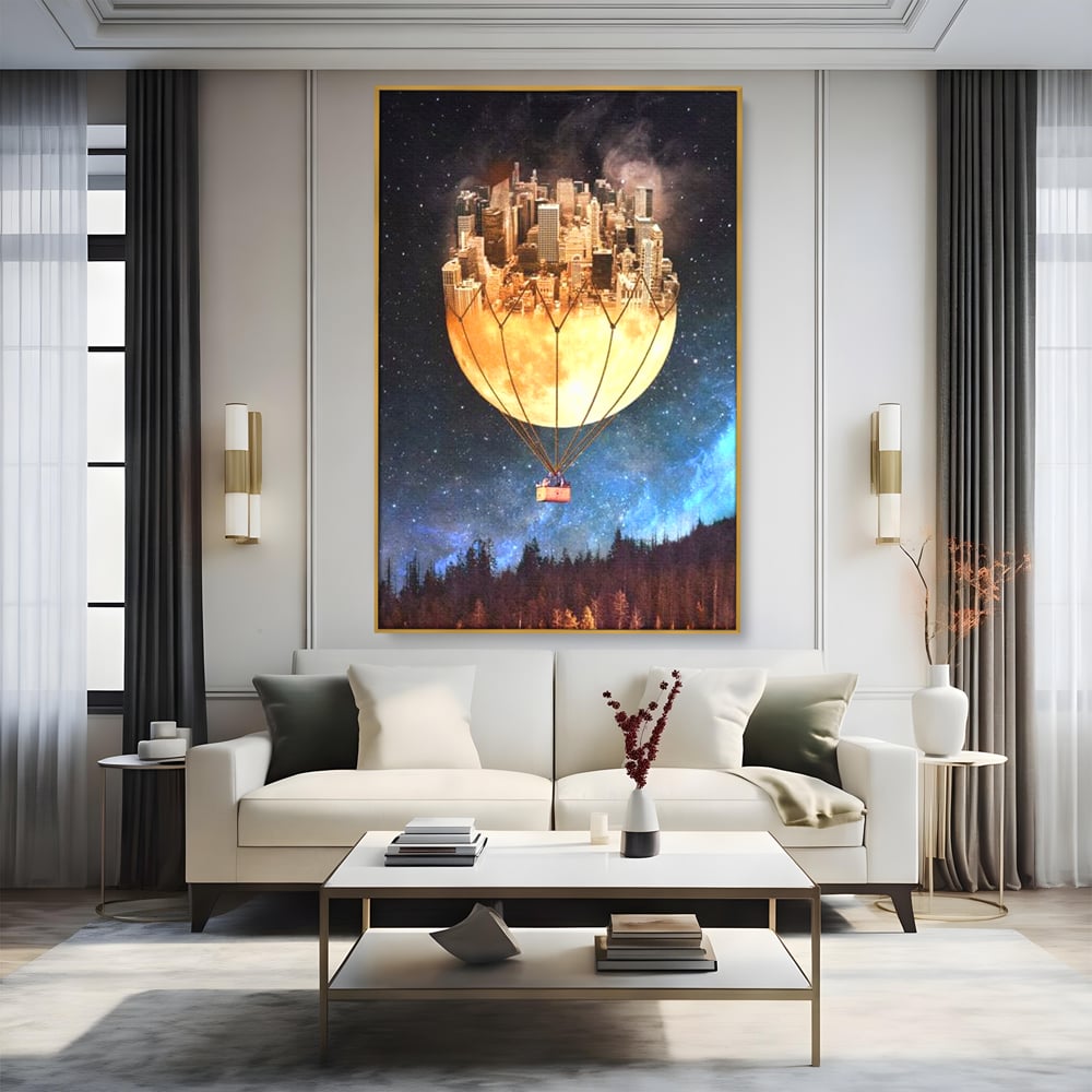 Tablou Canvas Premium, LuxCanva® O1016, Orasul care Zboara, Luna, Balon, Cosmic, Visare, Fantastic, Stele, Cer, Plutire, Suspendat, Univers, Oniric, Imaginar, Calatorie, Case, Birou, Living, Dormitor