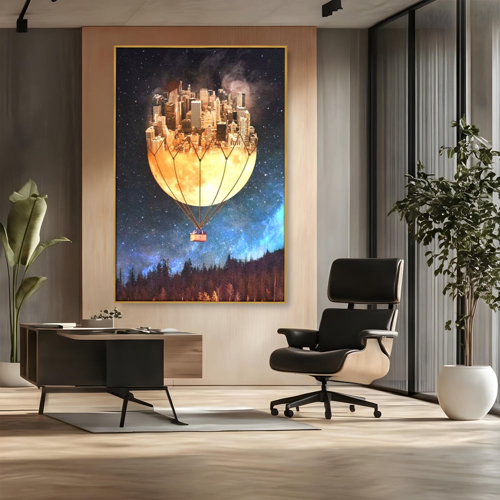 Tablou Canvas Premium, LuxCanva® O1016, Orasul care Zboara, Luna, Balon, Cosmic, Visare, Fantastic, Stele, Cer, Plutire, Suspendat, Univers, Oniric, Imaginar, Calatorie, Case, Birou, Living, Dormitor