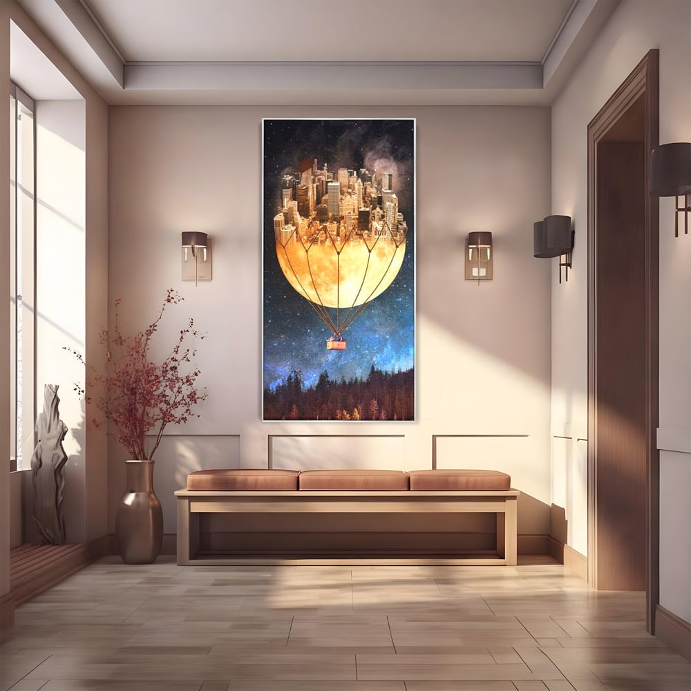 Tablou Canvas Premium, LuxCanva® O1016, Orasul care Zboara, Luna, Balon, Cosmic, Visare, Fantastic, Stele, Cer, Plutire, Suspendat, Univers, Oniric, Imaginar, Calatorie, Case, Birou, Living, Dormitor