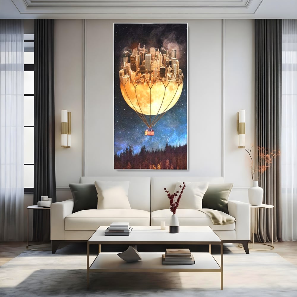 Tablou Canvas Premium, LuxCanva® O1016, Orasul care Zboara, Luna, Balon, Cosmic, Visare, Fantastic, Stele, Cer, Plutire, Suspendat, Univers, Oniric, Imaginar, Calatorie, Case, Birou, Living, Dormitor