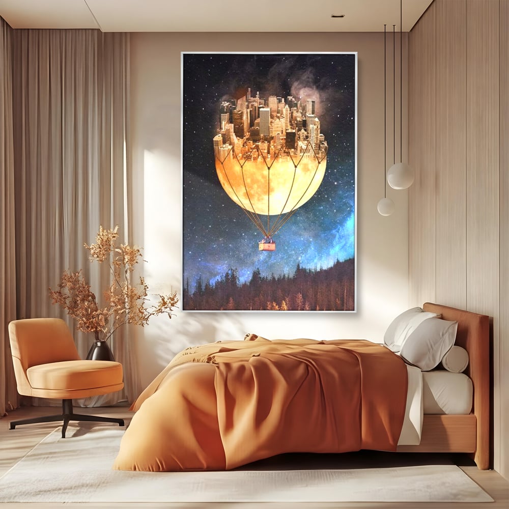 Tablou Canvas Premium, LuxCanva® O1016, Orasul care Zboara, Luna, Balon, Cosmic, Visare, Fantastic, Stele, Cer, Plutire, Suspendat, Univers, Oniric, Imaginar, Calatorie, Case, Birou, Living, Dormitor