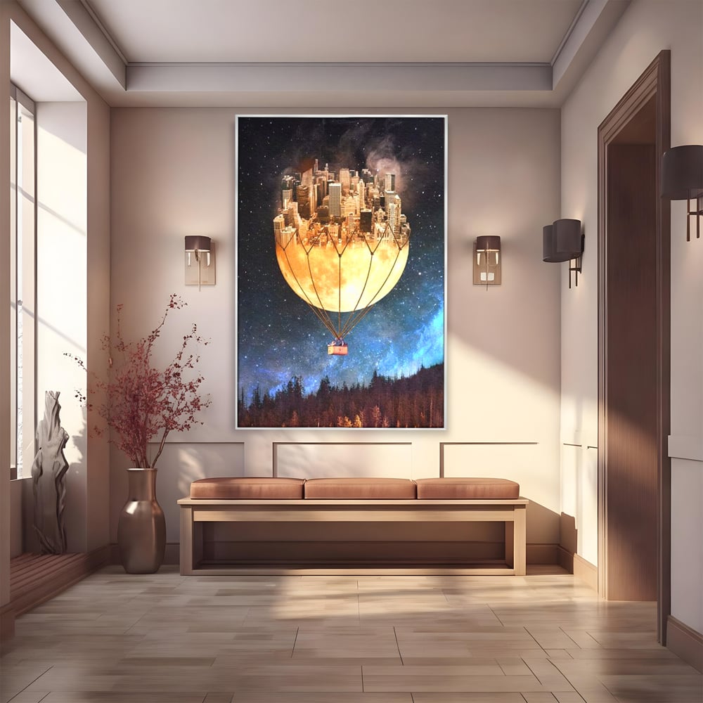 Tablou Canvas Premium, LuxCanva® O1016, Orasul care Zboara, Luna, Balon, Cosmic, Visare, Fantastic, Stele, Cer, Plutire, Suspendat, Univers, Oniric, Imaginar, Calatorie, Case, Birou, Living, Dormitor