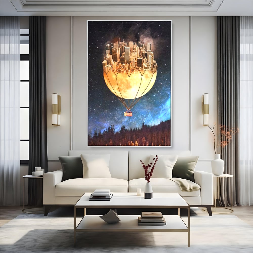 Tablou Canvas Premium, LuxCanva® O1016, Orasul care Zboara, Luna, Balon, Cosmic, Visare, Fantastic, Stele, Cer, Plutire, Suspendat, Univers, Oniric, Imaginar, Calatorie, Case, Birou, Living, Dormitor