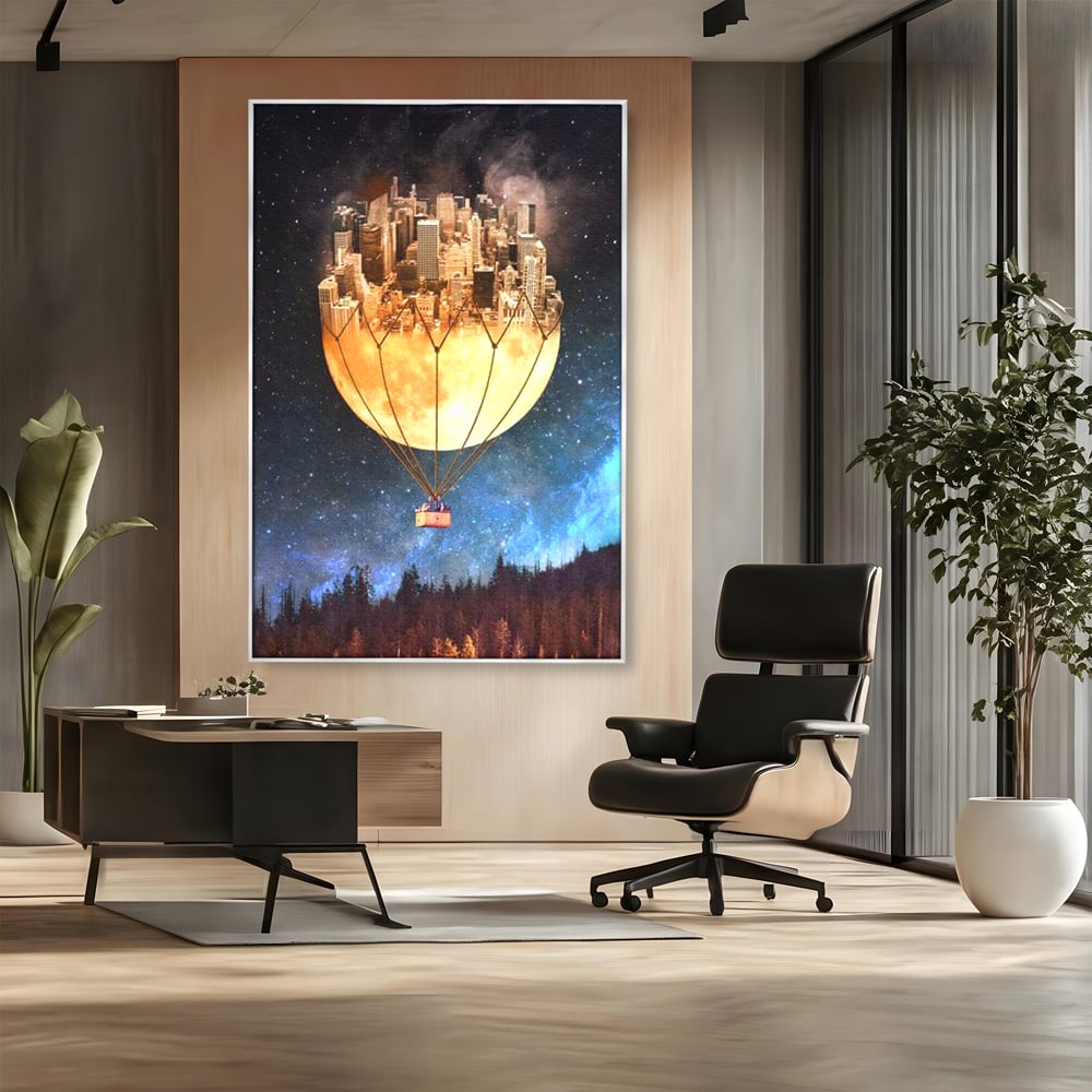 Tablou Canvas Premium, LuxCanva® O1016, Orasul care Zboara, Luna, Balon, Cosmic, Visare, Fantastic, Stele, Cer, Plutire, Suspendat, Univers, Oniric, Imaginar, Calatorie, Case, Birou, Living, Dormitor