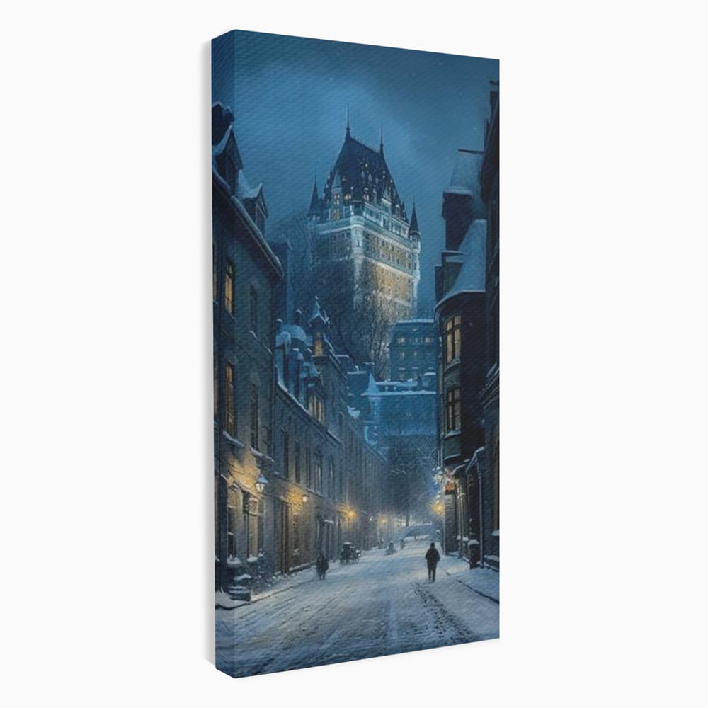 Tablou Canvas Premium, LuxCanva® O1017, Strazi sub Ninsoare, Magie, Iarna, Oras, Noapte, Frig, Zapada, Palat, Plimbare, Nordic, Romantism, Felinare, Quebec, Poveste, Birou, Living, Dormitor