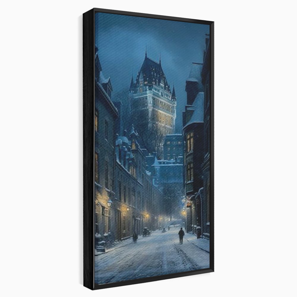 Tablou Canvas Premium, LuxCanva® O1017, Strazi sub Ninsoare, Magie, Iarna, Oras, Noapte, Frig, Zapada, Palat, Plimbare, Nordic, Romantism, Felinare, Quebec, Poveste, Birou, Living, Dormitor