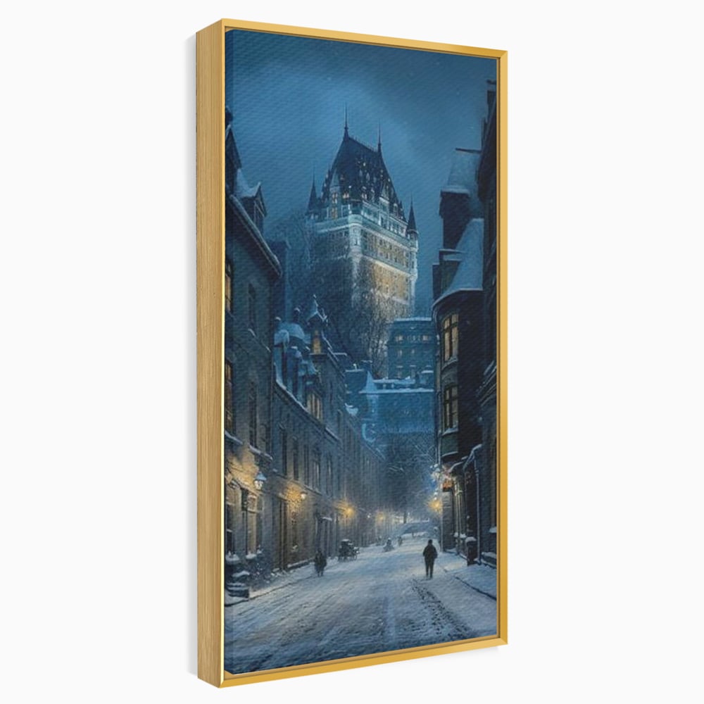 Tablou Canvas Premium, LuxCanva® O1017, Strazi sub Ninsoare, Magie, Iarna, Oras, Noapte, Frig, Zapada, Palat, Plimbare, Nordic, Romantism, Felinare, Quebec, Poveste, Birou, Living, Dormitor