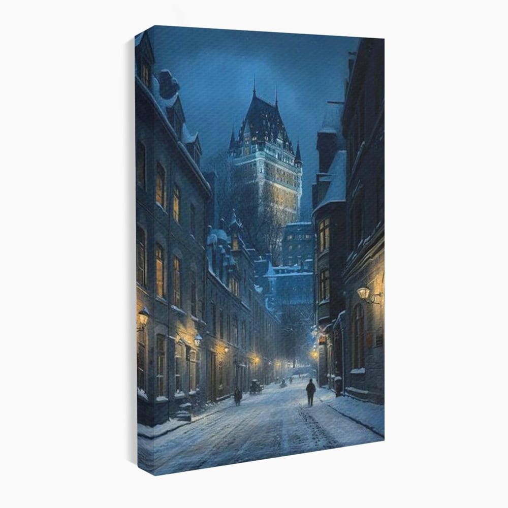 Tablou Canvas Premium, LuxCanva® O1017, Strazi sub Ninsoare, Magie, Iarna, Oras, Noapte, Frig, Zapada, Palat, Plimbare, Nordic, Romantism, Felinare, Quebec, Poveste, Birou, Living, Dormitor