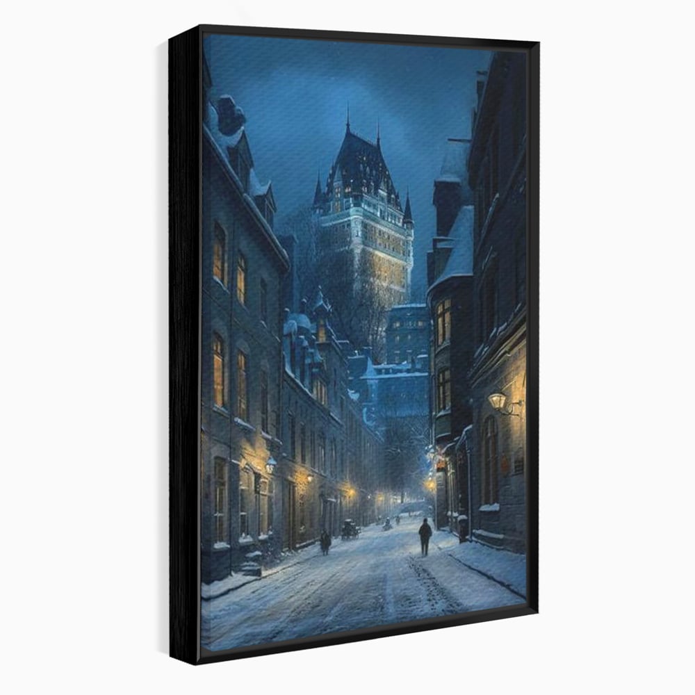 Tablou Canvas Premium, LuxCanva® O1017, Strazi sub Ninsoare, Magie, Iarna, Oras, Noapte, Frig, Zapada, Palat, Plimbare, Nordic, Romantism, Felinare, Quebec, Poveste, Birou, Living, Dormitor
