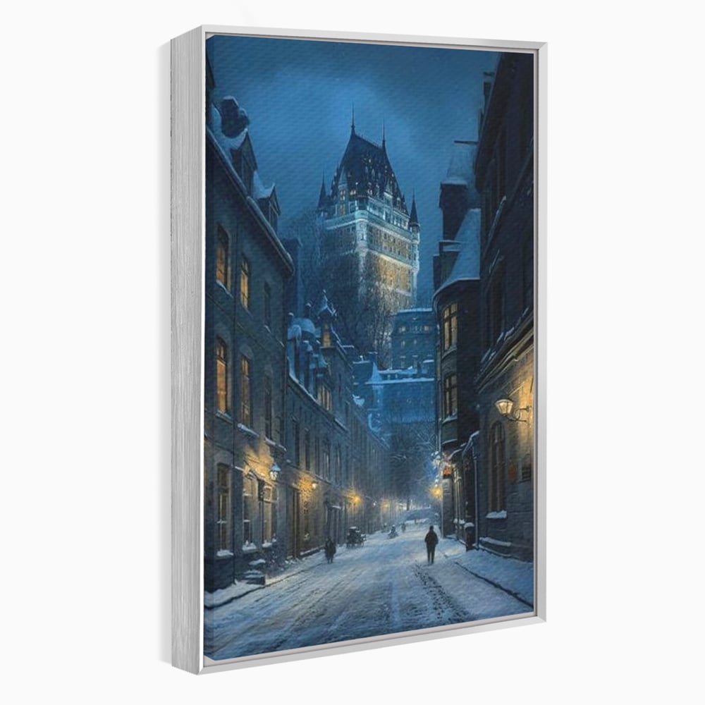 Tablou Canvas Premium, LuxCanva® O1017, Strazi sub Ninsoare, Magie, Iarna, Oras, Noapte, Frig, Zapada, Palat, Plimbare, Nordic, Romantism, Felinare, Quebec, Poveste, Birou, Living, Dormitor