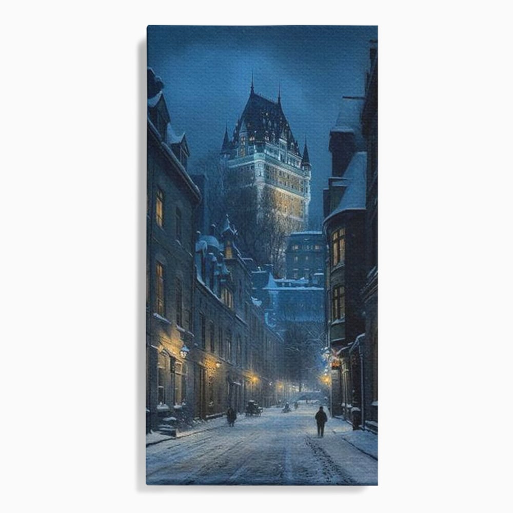 Tablou Canvas Premium, LuxCanva® O1017, Strazi sub Ninsoare, Magie, Iarna, Oras, Noapte, Frig, Zapada, Palat, Plimbare, Nordic, Romantism, Felinare, Quebec, Poveste, Birou, Living, Dormitor