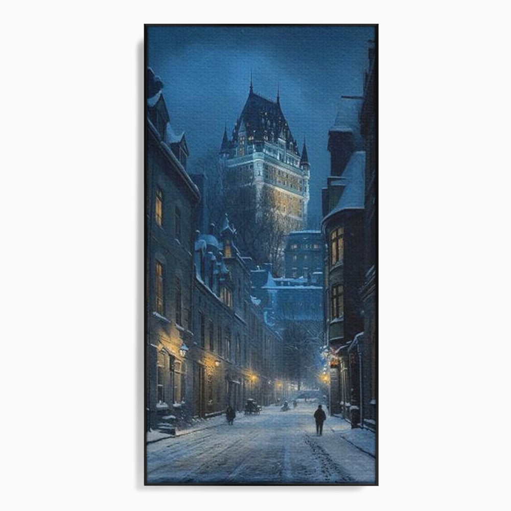 Tablou Canvas Premium, LuxCanva® O1017, Strazi sub Ninsoare, Magie, Iarna, Oras, Noapte, Frig, Zapada, Palat, Plimbare, Nordic, Romantism, Felinare, Quebec, Poveste, Birou, Living, Dormitor