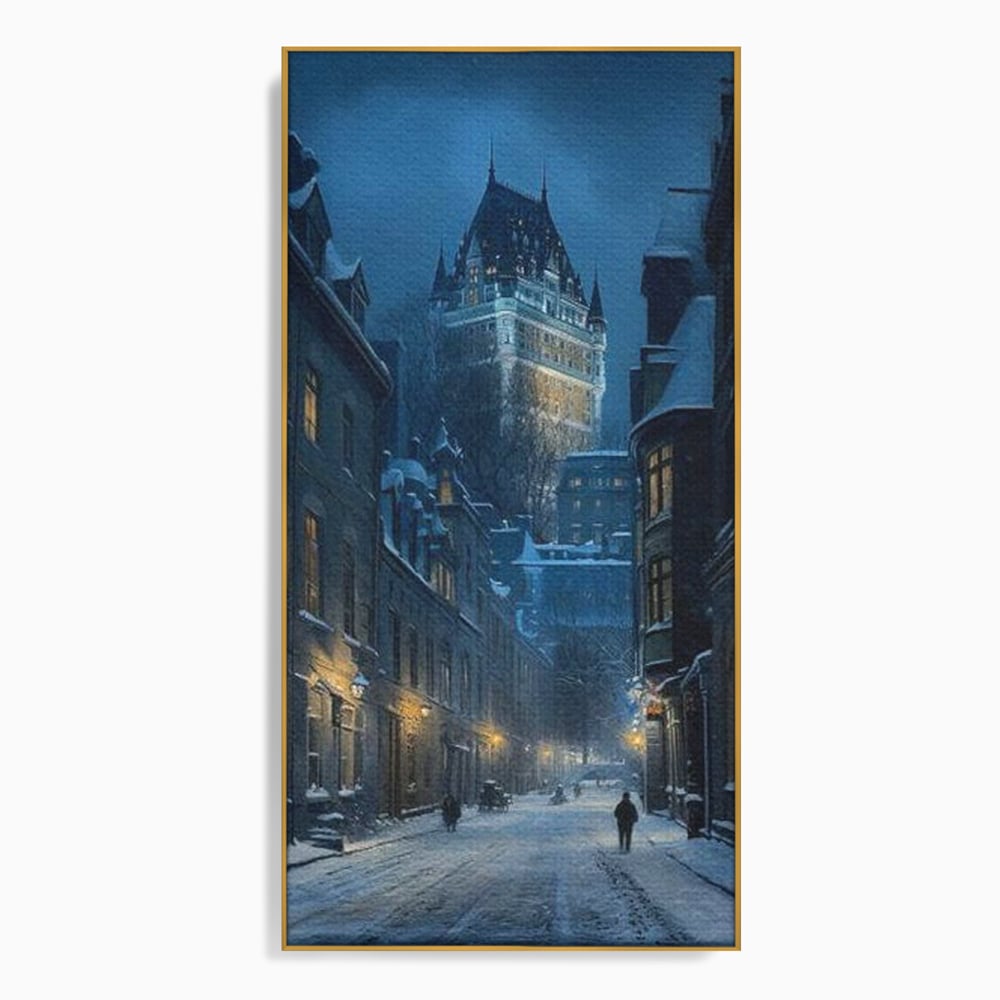 Tablou Canvas Premium, LuxCanva® O1017, Strazi sub Ninsoare, Magie, Iarna, Oras, Noapte, Frig, Zapada, Palat, Plimbare, Nordic, Romantism, Felinare, Quebec, Poveste, Birou, Living, Dormitor
