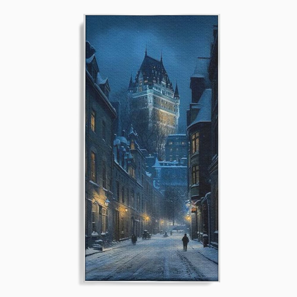 Tablou Canvas Premium, LuxCanva® O1017, Strazi sub Ninsoare, Magie, Iarna, Oras, Noapte, Frig, Zapada, Palat, Plimbare, Nordic, Romantism, Felinare, Quebec, Poveste, Birou, Living, Dormitor