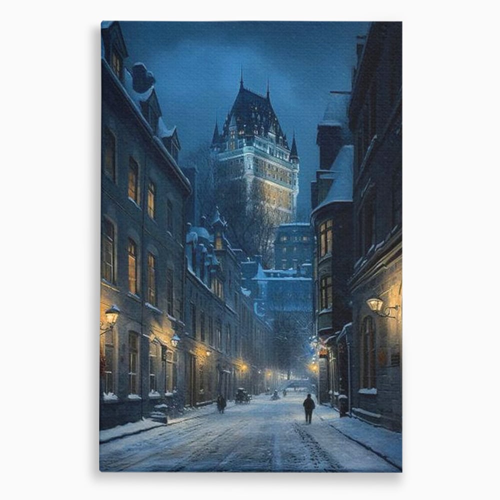 Tablou Canvas Premium, LuxCanva® O1017, Strazi sub Ninsoare, Magie, Iarna, Oras, Noapte, Frig, Zapada, Palat, Plimbare, Nordic, Romantism, Felinare, Quebec, Poveste, Birou, Living, Dormitor