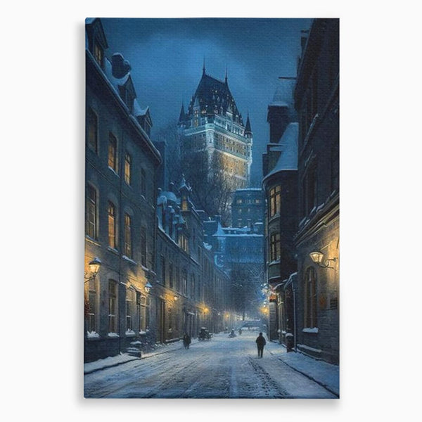 Tablou Canvas Premium, LuxCanva® O1017, Strazi sub Ninsoare, Magie, Iarna, Oras, Noapte, Frig, Zapada, Palat, Plimbare, Nordic, Romantism, Felinare, Quebec, Poveste, Birou, Living, Dormitor