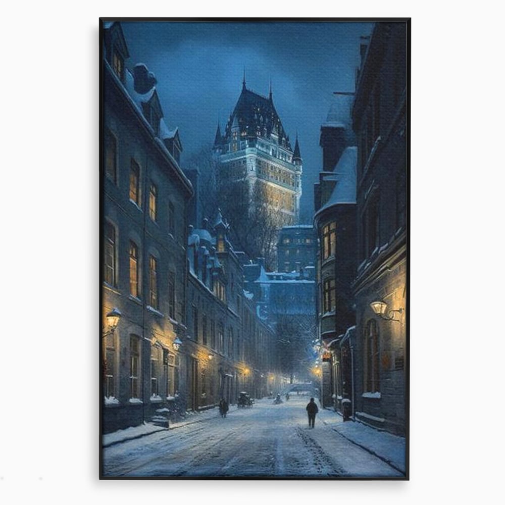 Tablou Canvas Premium, LuxCanva® O1017, Strazi sub Ninsoare, Magie, Iarna, Oras, Noapte, Frig, Zapada, Palat, Plimbare, Nordic, Romantism, Felinare, Quebec, Poveste, Birou, Living, Dormitor