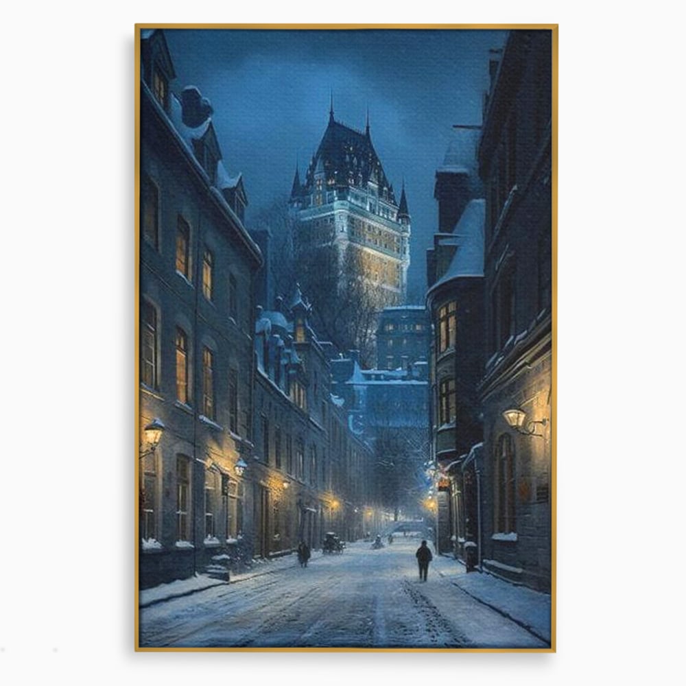 Tablou Canvas Premium, LuxCanva® O1017, Strazi sub Ninsoare, Magie, Iarna, Oras, Noapte, Frig, Zapada, Palat, Plimbare, Nordic, Romantism, Felinare, Quebec, Poveste, Birou, Living, Dormitor