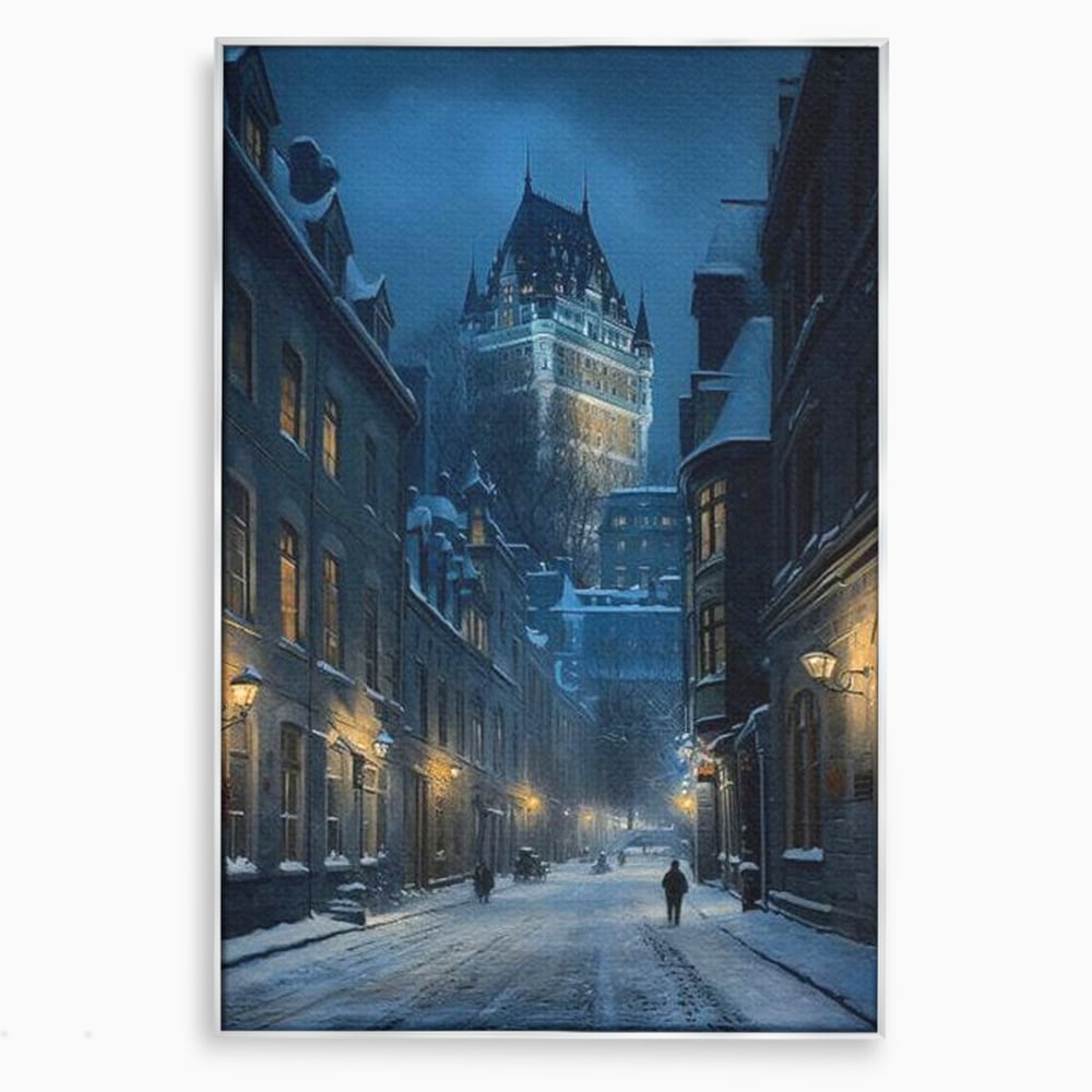 Tablou Canvas Premium, LuxCanva® O1017, Strazi sub Ninsoare, Magie, Iarna, Oras, Noapte, Frig, Zapada, Palat, Plimbare, Nordic, Romantism, Felinare, Quebec, Poveste, Birou, Living, Dormitor